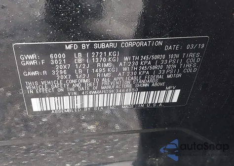 2019 Subaru Ascent Touring from USA, damaged, VIN 4S4WMARD9K3464850